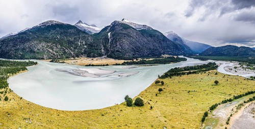 Aerial view over Rio Baker at the Rio Nadis mountain range south of Cochrane, Patagonia, Chile