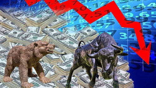 Symbolic image of stock market, stock market, bull and bear, rising and falling prices, dollar as