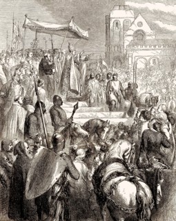 Papst Urban II., ca. 1035-1099, predigt den Ersten Kreuzzug auf dem Marktplatz während des Konzils