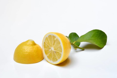 Lemon with leaf, cut in half, Citrus x limon