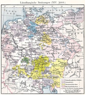 Historical map of the Holy Roman Empire under Charles IV, territory of the House of Luxembourg,