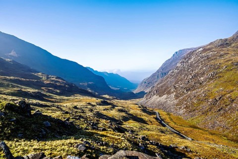 Autumn colours of Pen-y-Pass over Miner's Track, Start Point and road A4086, Snowdonia, Wales, UK