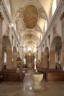 Interior view with ceiling painting and baptismal font, baroque, St. Blasius, Fulda, Hesse, Germany