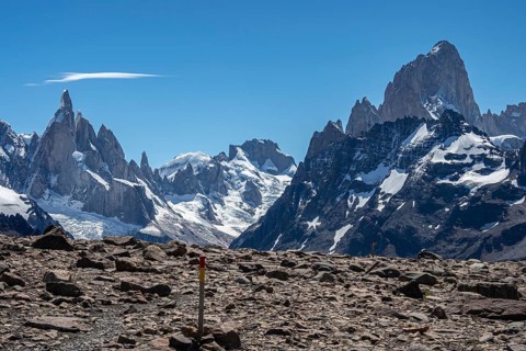 Trail to viewpoint Loma del Pliegue Tumbado, mountain range of Cerro Torre and Cerro Fitz Roy in