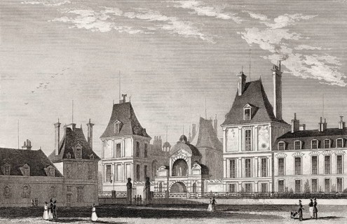Courtyard, Château de Fontainebleau, near Paris, antique steel engraved print, 1831