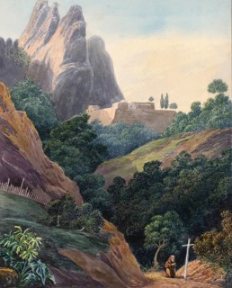 Hermitage of St Trinidad near Montserrat, Catalonia, Spain, digital reproduction of a painting by
