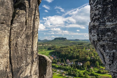 View from Bastei to Lilienstein in the background, Saxon Switzerland, Saxony, Germany, May 2024
