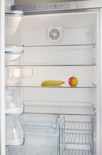 Almost empty fridge with just an apple and a banana, diet, losing weight