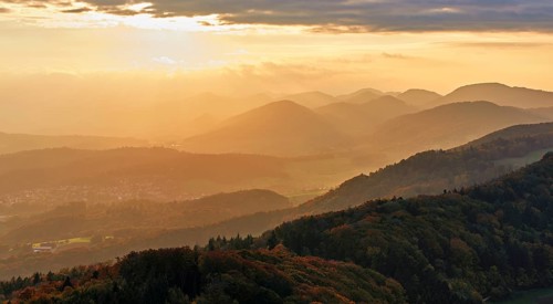 View of an autumnal forest from the Gisliflue, behind the Jurassic foothills in the light of the