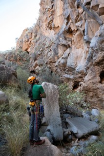 A climber stands thoughtfully at the base of a majestic rock face, surrounded by nature, preparing