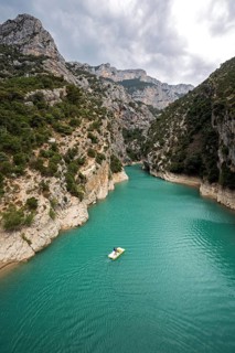 Boat on the Verdon River, entrance to the Verdon Gorge, Gorges du Verdon, Lac de Sainte-Croix,