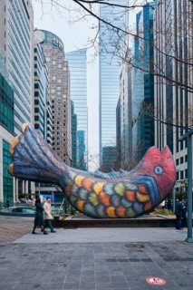 SEOUL, SOUTH KOREA, APRIL 6, 2018: Fish statue in the financial District of Seoul, South Korea with