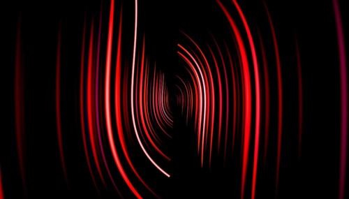 A mesmerizing 3D rendering depicting a dark tunnel formed by swirling red and pink neon lines,