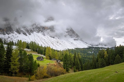 View of part of the Odle group from the Gampen meadow, Dolomites, snow, Puez-Odle nature park Park,