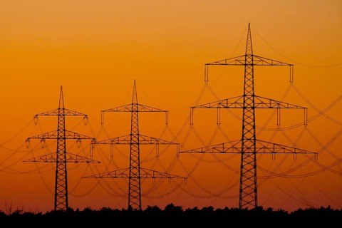 Power line, overhead line, power line, silhouette, sunset, Federal Republic of Germany