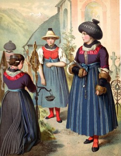 Traditional costumes in Germany around 1820, Tyrol, Passeier Valley, Three woman in traditional