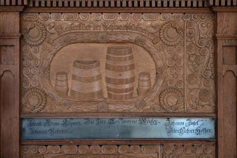Detail of the craftsman's chair or alms chair of the Büttner Zunft from 1680, Lorenz Church,