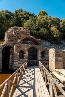 Entrance to the theater and amphitheater in the archaeological ruins of the Butrint or Butrinto