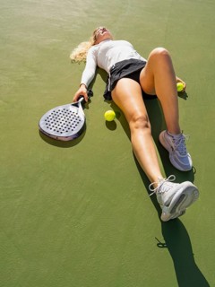 A young woman dressed in sportswear rests on the green surface of a tennis court. She holds a