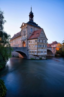 Upper Bridge, Old Town Hall, Regnitz, historic old town, blue hour, evening mood, Bamberg, Upper