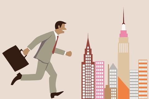 Businessman running fast in city with briefcase. Ambition, career concept