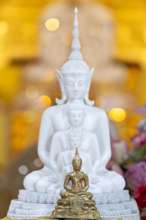 Golden Buddha (Dhyana-mudra: gesture of meditation), behind him five seated Buddhas (path to