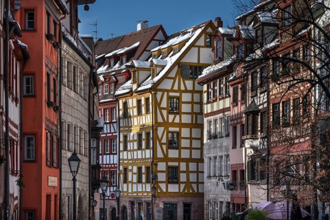 Historic half-timbered houses in Weißgerbergasse in winter, Nuremberg, Middle Franconia, Bavaria,