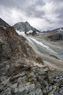 View of glacier Glacier de Cheilon and mountain peak Mont Blanc de Cheilon, at Col de Riedmatten,