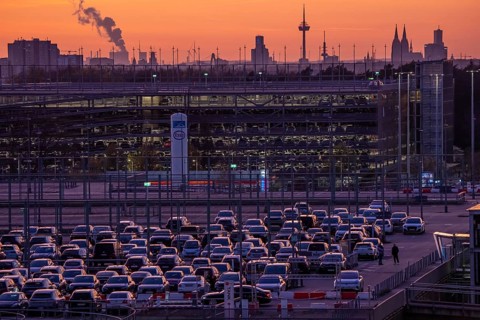 Cologne-Bonn Airport car parks, Cologne city center skyline, Cathedral, North Rhine-Westphalia,