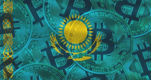 Bitcoin coins on Kazakhstan flag background. Golden bitcoin coins on Kazakhstan flag background