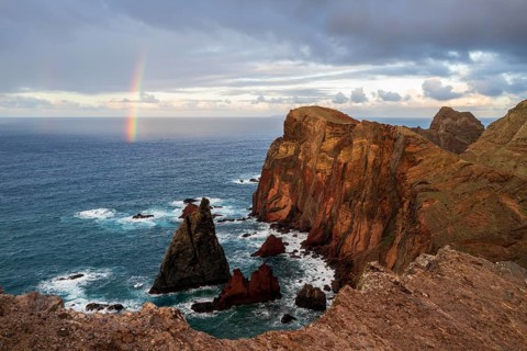 Sunset, rainbow at sea, volcanic peninsula, Ponta de São Lourenço, Ponta de Sao Lourenco, rocky