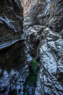 Winter, snowy landscape, river Breitach and hiking trail through the Breitachklamm gorge near