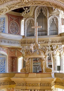 Chancel with the two-storey organ, baroque church, baroque castle church of St Trinitatis at