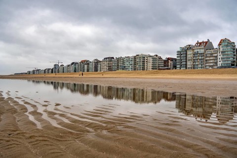 The skyline of Knokke-Heist, on the North Sea beach, dreary winter day, mostly apartment buildings