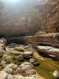 Sunlit view of Wadi Ash Shab, showcasing a picturesque natural oasis surrounded by rugged cliffs