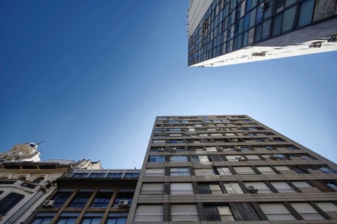 Modern skyscrapers viewed from below, all facing a clear sky, Montevideo, Uruguay, South America