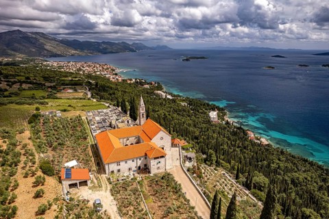 Franciscan monastery and church Madonna of the Angels and the coast seen from above, Orebic,