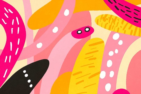 A playful, abstract illustration featuring a variety of shapes and colors, with whimsical details