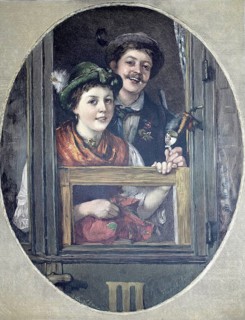 Young man and young woman look happily out of a railroad window, after a painting by Friedrich
