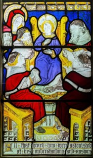 Detail stained glass window of Christ's life, Burlison & Grylls c 1880, Kelsale church, Suffolk,
