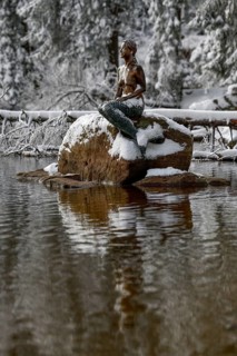 Mummelsee mermaid in snow, near Seebach, Black Forest, Ortenaukreis, Baden-Württemberg, Germany
