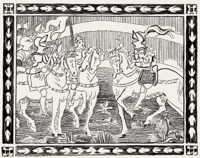 A knight on horseback, illustration from „La Giostra di Giuliano de Medici“ by Angelo Poliziano, ca