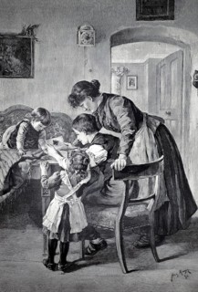 Collector's delights, a boy has caught a butterfly and three children and the mother look at it in