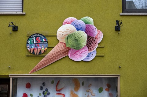 Ice cream advertisement above an ice cream parlour, Neunkirchen am Brand, Middle Franconia,