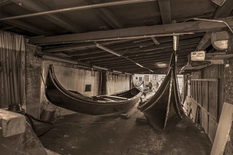 Gondolas for repair in a shipyard, Venice, Veneto, Italy