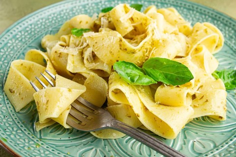 Pasta papardelle, with pesto and parmesan cheese, homemade, no people
