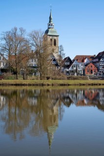 Town view with St.Aegidius church at the Emssee, Wiedenbrück, Rheda-Wiedenbrück, Westphalia, North