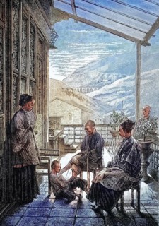 Family scene in old China, coloured wood engraving, reproduction from a model from ca 1888,