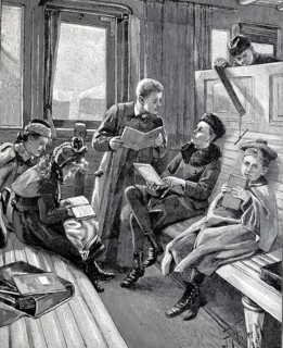 Scene with children reading or talking in a railroad compartment and on their way to school, 1890,