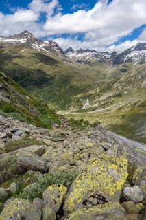 Picturesque mountain landscape, rocky mountain peaks with snow, Zemmgrund valley with Zemmbach